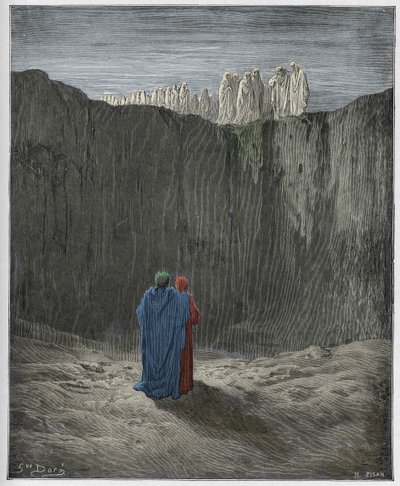 Purgatorio, Canto 3: De groep zielen op de klif, illustratie uit De Goddelijke Komedie van Dante Alighieri, 1885 door Gustave after Dore